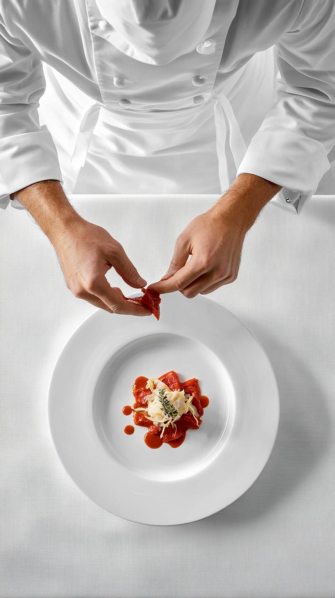 Chef che prepara un piatto gourmet in cucina elegante